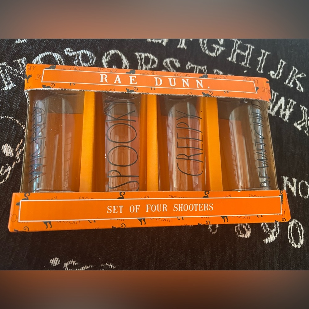 RAE DUNN Spooky Halloween Set Of Four Shooters Set 💀🌙🖤👻🧡🐈‍⬛☠️
